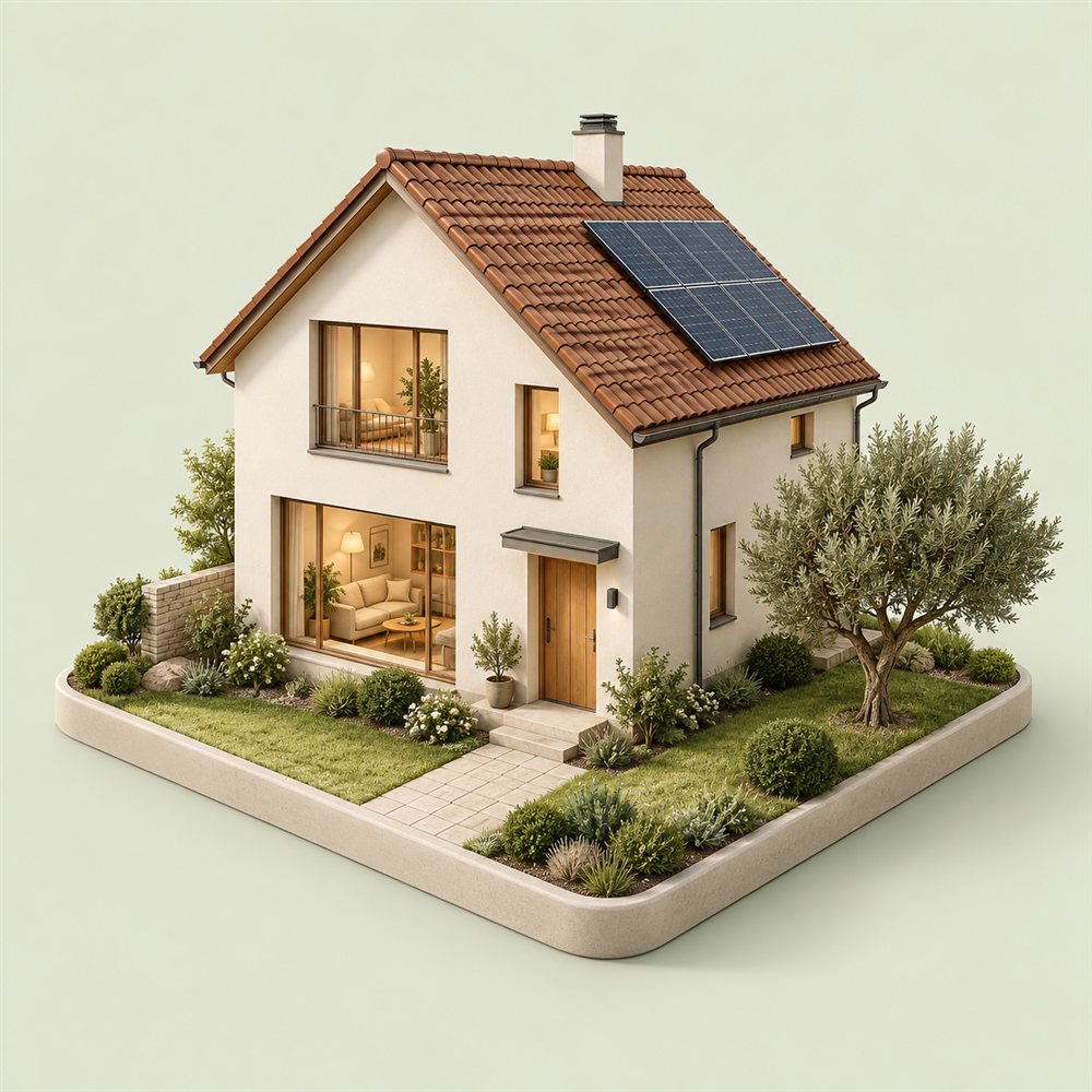 Illustration eines gemütlichen Hauses mit Garten